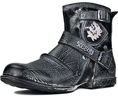 OSSTONE Herren Stiefel aus Rindsleder Lederstiefel mit Gummisohle Biker Boots mit Reißverschluss Männer Stiefeletten OS-5008-1-AI-9.5