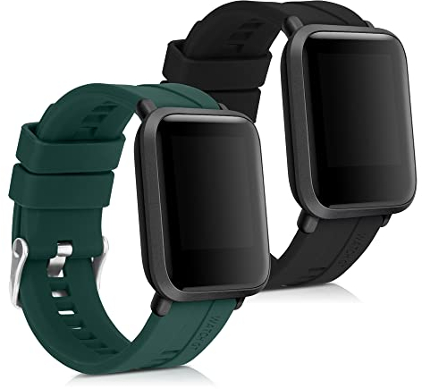 kwmobile Straps Compatible with Huami Amazfit Bip/Bip Lite Straps - 2x Replacement Silicone Watch Bands - Smartwatch or Fitness Tracker - Dark Green/Black