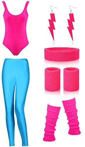 SATINIOR Damen 80er 90er Jahre Workout Kostüm Outfit Zubehör Set Beinwärmer Stirnband Armbänder Ohrringe Bademode Anzug, Rosenrot, fluoreszierendes Blau, S