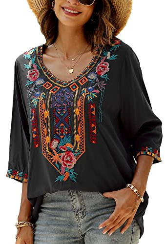 Seasonal Camiseta de Verano para Mujer, diseño de Bohemia, Bordado, Cuello en V, Cuello de Pico, 3/4 Brazo, Tops Sueltos, túnica para Mujer, Negro-328, M