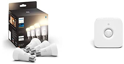 Philips Hue White, ampoule LED connectée E27, Pack de 4 & Hue Motion Sensor Détecteur de mouvement