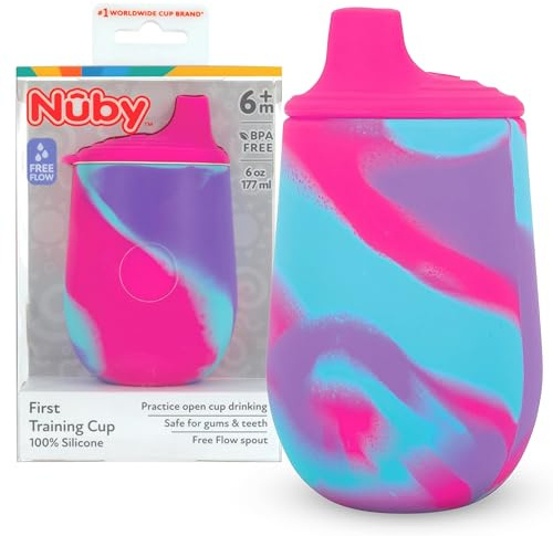 Nuby Silicone Tie-dye First Training Cup with Free Flow Soft Spout - 6oz, 6+ Months, Pink/Purple