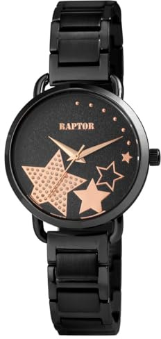Raptor Shienne Damen-Uhr Edelstahl Faltschließe Analog Quarz RA10242 (schwarz roségoldfarbig)