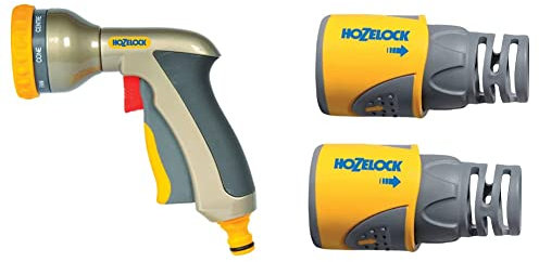 Hozelock Ltd 2691 6001 Multi Plus Spray Gun, Multicolour & HOZ2050AV Hose End Connector PLUS (12.5mm & 15mm) Twin Pack