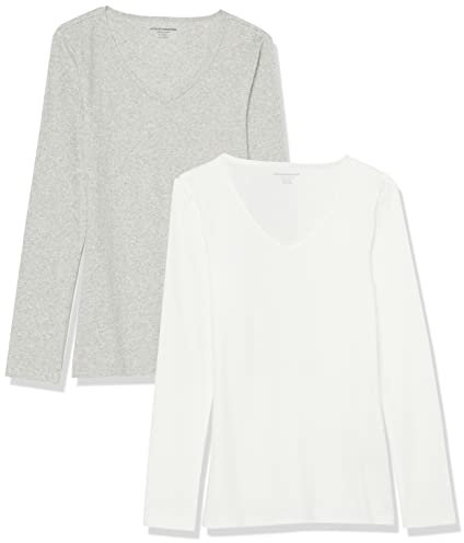 Amazon Essentials Chemises à Manches Longues et Col en V Côtelé, Coupe Ajustée (Disponibles en Grandes Tailles) Femme, Lot de 2, Blanc/Gris, XXL