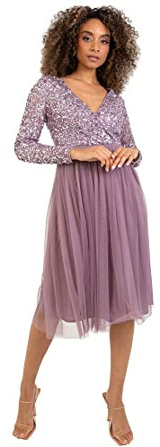 Maya Deluxe Women's Ladies Wedding Guest Midi Dress Long Sleeve Plunging Neckline V Neck Sequin Embellished Graduation Bridesmaid, Moody Lilac, 24