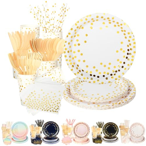 WINKIM White and Gold Party Plates 165Pieces Party Tableware Contains Paper Party Plates Cups and Napkins Paper Straws Spoons Knives Forks for Birthday Wedding Engagement (20 Guests) (White&Gold)