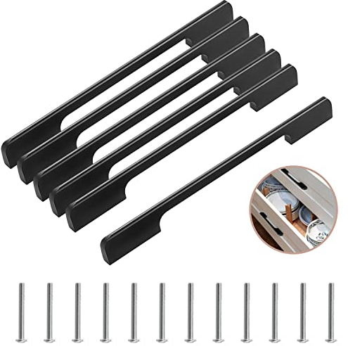 Lxoraziy 6 Pack Kitchen Door Handles, 320mm Hole Centre Flat Black Cabinet Handles, Aluminum Alloy Furniture Drawer Pulls (Screws Included)