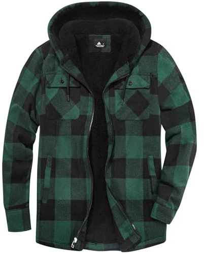 zitysport Hemdjacke Herren Hemd Sherpa Fleece Kariert Gefüttert Kapuzenpullover Fleecefutter Mantel Winter Jacke mit Taschen Flanellhemd Kariertes Männer Sweatjacke mit Kapuze(grün,XL)