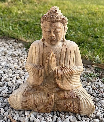 Trintura Buddha dekorativ figur 20 cm staty Anjali Mudra sittande hög, akaciaträ natur, Buddha dekorativ figur Buddha staty Buddhafigur