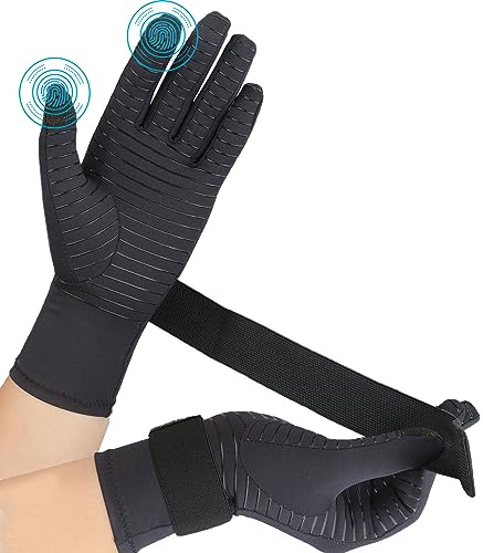 Semikk Copper Arthritis Gloves for Women Men, Full Finger Compression Gloves for Arthritis, Carpal Tunnel, Pain Relief, Swelling, Rheumatoid, Typing, Adjustable Wrist Strap (1pair, Small/Medium)