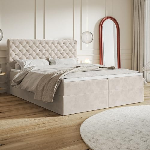 MOTIVENA Nero Chesterfield Boxspringbett 120x200 mit Bettkasten und Topper, Polsterbett 120x200 mit Bettkasten, Bonell-Matratze (H4), Visco Topper (H2), Samt, Beige (Creme)