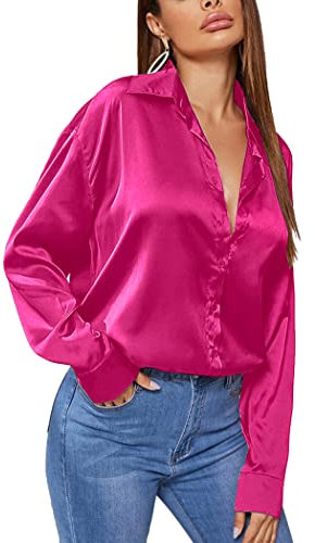 Zeagoo Satin Bluse Langarm Elegant Satinblusen Für Damen Glänzend Business Oberteile Oversize Seidenbluse Mit Knöpfen Hemd Einfarbig Tops Dunkelrosa XXL