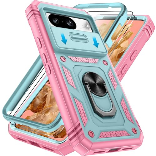 Pilaru 3 in 1 for Pixel 8 Case with Front Frame |2 Separate Screen Protectors| Kickstand Ring & Camera Cover Military Grade Drop Shockproof Protection for Google 8,Green/Pink