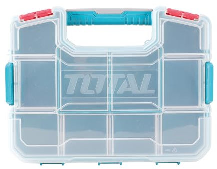TOTAL - Caja Organizadora de Plástico Apilable Mod. TPBX1121 - Con Asa y Tapa Transparente - Esquinas Redondas - 10 Compartimentos - Duradera y Resistente - Medidas 305 x 230 x 65 mm - Plástico - Azul