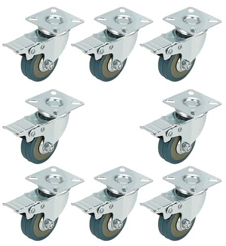 JAPCHET 8 PCS 50mm Swivel Castor Wheels with Brakes, Blue Rubber Wheels for Furniture, Office, Trolley, Suitcase, Garden Planter