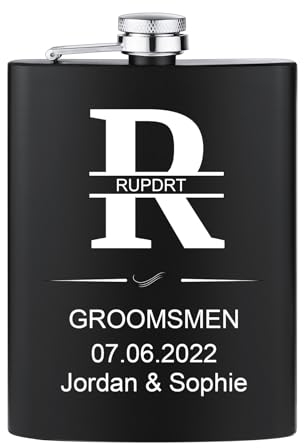 MeMeDIY Flachmann mit Gravur Personalisierbarer Flachmann aus Edelstahl mit Name Datum Optionale Geschenkbox 6 bis 8 oz Geschenke für Hochzeit Trauzeuge Bräutigam Vater Schwarz - A - 1 Satz