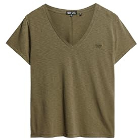 Superdry Damen Strukturiertes T-Shirt mit V-Ausschnitt und Stickerei