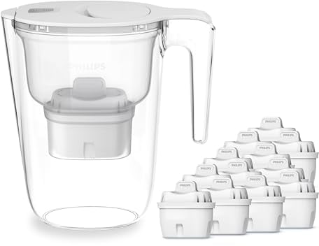 Philips Water Wasserfilterkanne +12 Geschmack+ Ersatzfilterkartuschen schneller Durchfluss elektronischer Timer filtert Chlor Kalk Schwermetalle und Mikroplastik 2,6 L