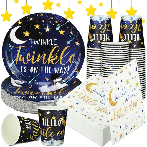 200 Pcs Twinkle Twinkle Little Star Baby Shower Paper Plates Napkins Cups Baby Shower Party Supplies Tableware Set Navy Blue Disposable Cup Napkin for 50 Guest Girls Spring Party Decoration