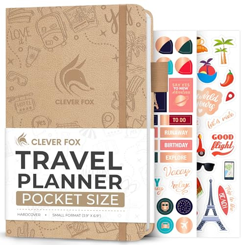 Clever Fox Travel Journal, Vacation Planner Organizer Pocket Sandstone | Trip itinerary planning notebook for women & men, international, cruise & world diary with packing list, gift for travelers