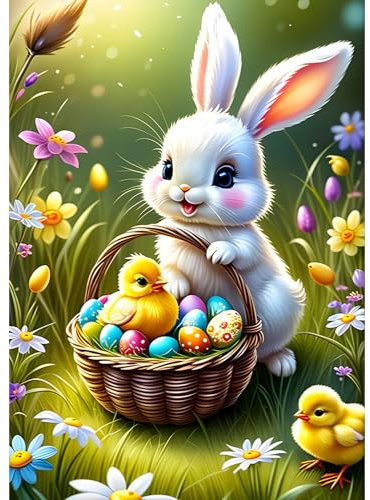 DAERLE Diamond Painting Kits für Erwachsene, Osterhase Kaninchen, 5D Niedliche Osterhasen Diamant Malerei Set, DIY Diamantmalerei Basteln Bilder Arts als Geschenk für Home Wand Décor 30x40cm