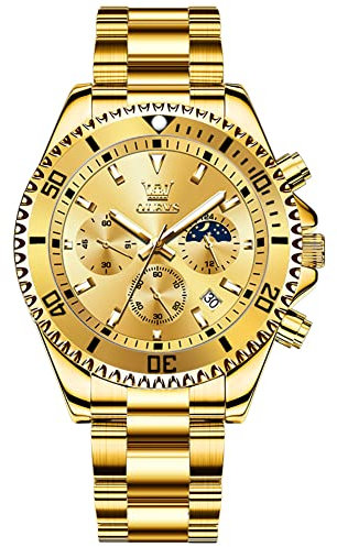 OLEVS Gold Uhr Herren Großgesicht Multifunctional Wasserdicht Quarz Chronographen Uhren für Herren Geschäft Edelstahlband Luxus Golden Herrenuhren Beleuchtet Datum Analog Mode Herrenuhr