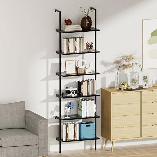 aboxoo Libreria aperta a 6 ripiani in metallo a parete a scala, scaffale aperto nero industriale moderno per piante e fiori scaffale organizer mensola struttura in metallo mobili ufficio cucina camera