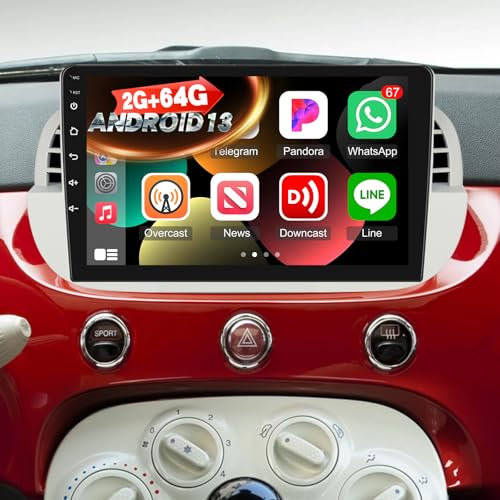 [2G+64G] Radio for Fiat 500 2007-2015, Fiat 500 Android Car Stereo with 9 inch Touch Screen, Wireless Carplay/Android Auto/1080P/Bluetooth/WiFi +AHD Backup Camera