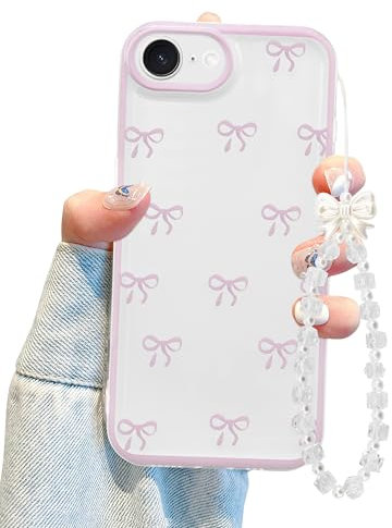 Jusy Kompatibel mit iPhone 7/8/SE Hülle, Süße Bogen Muster Abdeckung mit Schöner Handgelenkschlaufe Armbandkette für Mädchen Frauen, Klare Kawaii Kamera Schutz Hübsche Trendige Telefonhülle