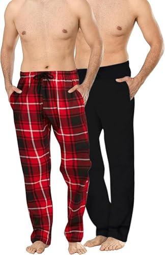 Men's long Lounge Wear Pants Nightwear (Two pack) Pyjama Bottoms Sleepwear (Black/Red Check, 3XL)