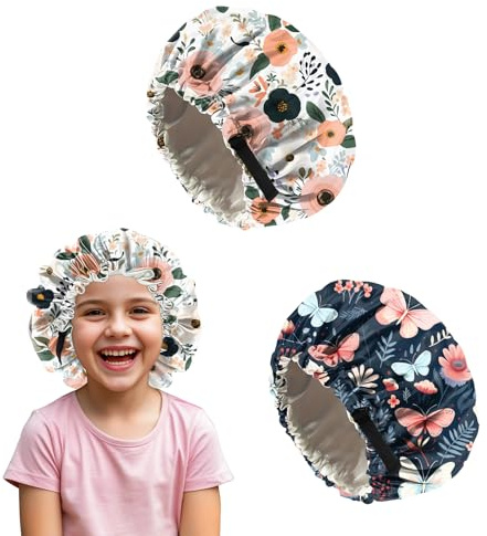 Deokke 2 Stück Kinder seidenhaube zum schlafen,verstellbare doppellagige Silk Bonnet Schlafhauben die ästhetisch und niedlich sind für Junge Und Mädchen (M2-Blume)