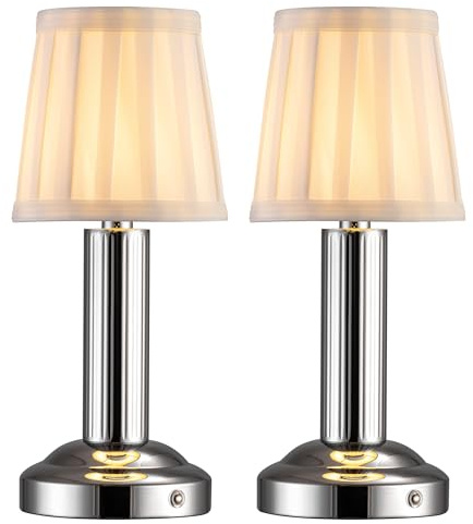 NEWSEE LED Cordless Mini Table Lamp Set of 2, Rechargeable Touch Lamp with 4000mAh Battery, Vintage Bedside Lamps with Fabric Shade for Bedroom, Bar, Coffee Shop, Commercial Dining Room (Silver)
