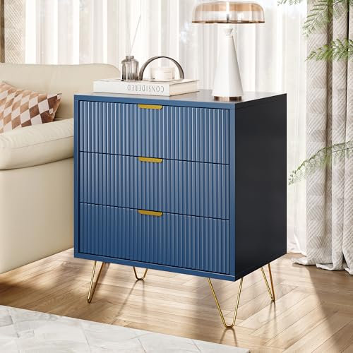 MOTUZP Nachttisch 2er-Set, kleiner moderner Nachttisch, kleine Kommode mit 3 Schubladen, Griffen und Beinen aus verchromtem Gold, für Schlafzimmer, Wohnzimmer, 60 x 40 x 70 cm (2 Stück, Blau)