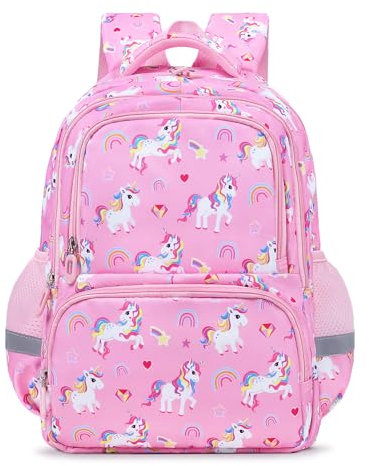 decalsweet Schulrucksack Teenager mit Brustgurt, 6-12 Jahre Lässig Kinderrucksack mit Reflexstreifen, Grosse Kapazität Leicht Rucksack Kinder, Kinderrucksack Mädchen für Schule und Reise(Rosa Einhorn)