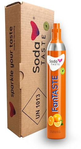 SodaTASTE CO2-Zylinder tauschen (Refill) für Wassersprudler, mit natürlichem FanTASTE-(Orangen-)Aroma, ohne Sirup, für max. 60l Sprudelwasser mit Geschmack, zuckerfrei (ACHTUNG: Leerer Zylinder nötig)