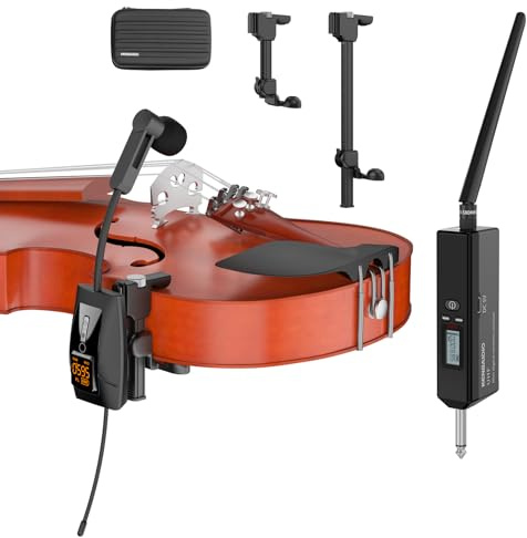 UHF Wireless Violin Cello Microphone System Violin Pickup Clip-on Instrument Microphones with Transmitter and Receiver for Musicians, Teachers, Stage Performances, Active PA Systems, 196ft Range
