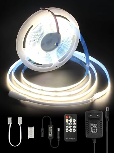 ALITOVE 5m COB LED Streifen 12V Naturweiß Selbstklebend RF Fernbedienung | Dimmbar 4000K, Flexibel 320LEDs/m, für Spiegel Schreibtisch Unterschrank Küche TV-Backlight, Nicht Wasserdicht