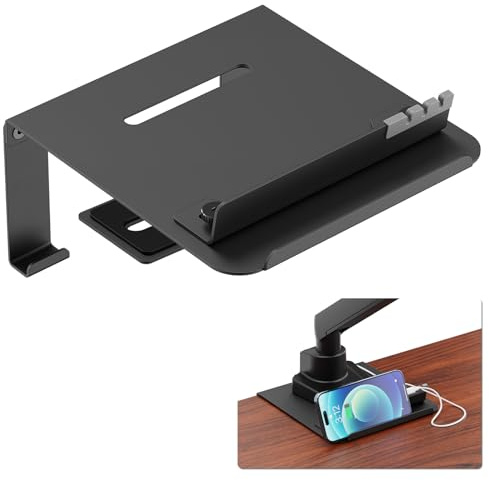 STANDOPIA Piastra di Rinforzo per Braccio Monitor – con Porta Telefono e Gancio, per Superfici Sottili o Fragili, Compatibile con la maggior parte dei Supporti a Morsa, Antiscivolo, Nero