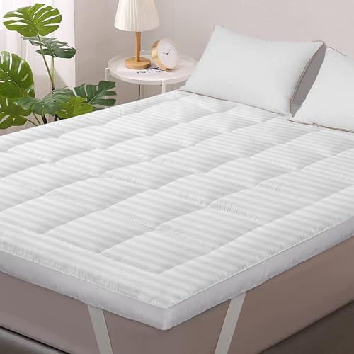 Luxurious Satin Stripe Microfibre Mattress Topper 10cm, Anti-Bacterial & Anti-Allergy Super Soft Thick Quilted Mattress Topper Bed Pad – Breathable, Hypoallergenic, Orthopaedic Support (Single)