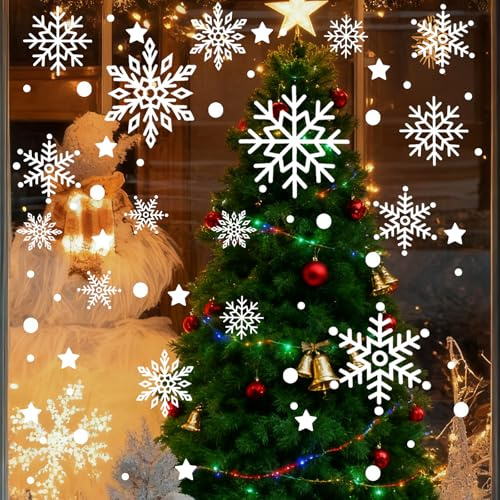 Fensterbilder Weihnachten, 360 Stück Weihnachtsdeko Fenstersticker Selbstklebend, Schneeflocken Fensterbild, Fensterdeko Aufkleber für Fenster Tür Winter Schneeflocken Weihnachtsdeko
