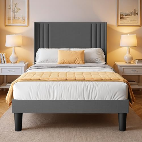 Blishom Polsterbett 120×200cm, Bettgestell mit Kopfteil Lattenrost, Gepolstertes Bettgestell, Stabiler Bettrahmen Stoffbett für Erwachsene & Jugendliche, Dunkelgrau