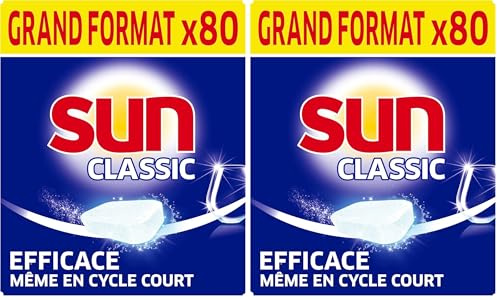 SUN - Pastilles Lave-Vaisselle Classic Regular - 80 tablettes - Efficace pendant les cycles courts - Brillance étincelante - Fabriqué en France (Lot de 2)