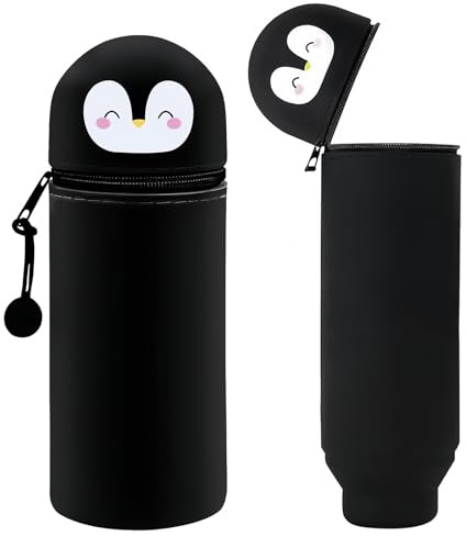 Kawaii Pencil Stehendes Mäppchen Pinguin-Silikon Federmäppchen | Silikon Pencil Case 2-in-1 Schulmäppchen aus Weichem Geeignet für Jungen und Mädchen 19,5 cm (Schwarz) Strapazierfähig