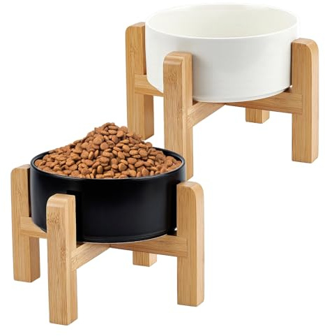 INTERWARM 2 Sets 15cm Ceramic Raised Dog Bowls with Non-Slip Wooden Stands | Elevated Pet Food & Water Bowls with Non-Slip Stands, Ideal for Small Medium Dogs, Black & White 2 Colors