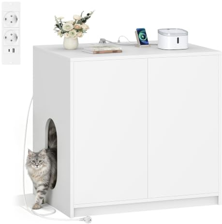 Fobyfurny Meuble Litiere Chat avec Prises Électriques, 80x60x80 cm, Blanc | Meuble Cache Litiere Chats, Pour Litiere Chat Autonettoyante, Toilette Chat en Bois, Table D'appoint, Salon FPCB202PW1EU