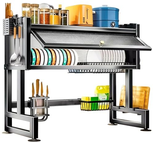 Ruspela Escurreplatos sobre el fregadero con tapa, estante de cocina para sobre el fregadero, 75 x 31 x 79,5 cm, incluye soporte para cubiertos y cuchillos, soporte para tabla de cortar, soporte para