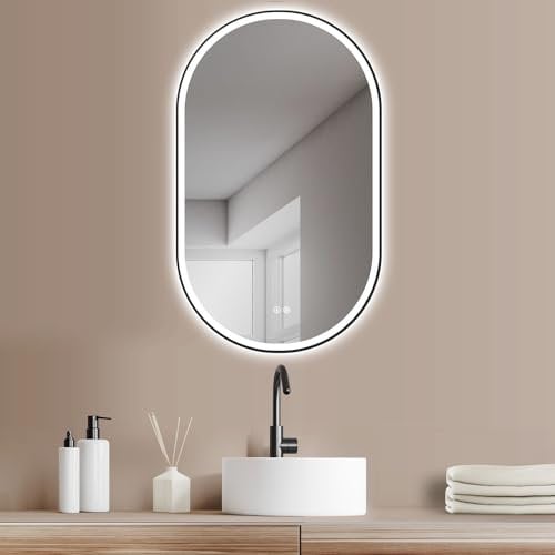 HOKO® LED Antibeschlag Badspiegel oval 60x100 cm / 100x60 cm Ferrara. HOCH+QUER Montage. Design Spiegel mit Licht + schwarzem Rahmen. Mit Touch Schalter + LED Licht Wechsel-Warmweiß-Kaltweiß-Neutral