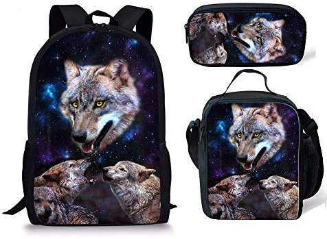 Showudesigns Schultaschen-Set für Kinder, Schulrucksack, Lunchbox, Federmäppchen, Tiermotiv Wolf 2 Sets