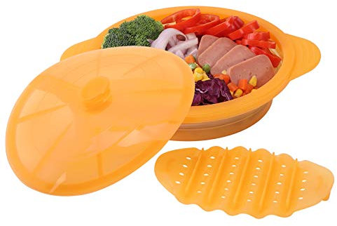 Microwave Steamer Cooker Collapsible Bowl-Silicone Steamer Cookware with Handle Lid for Vegetables Fish Prep Meal Food with Removable Rack BPA Free, Easy to Store, Freezer & Dishwasher Safe, Orange
